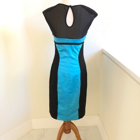NEW BEBE Classic Black & Turquoise Blue Color block Silky Satin Stylish DRESS S - Picture 5 of 13